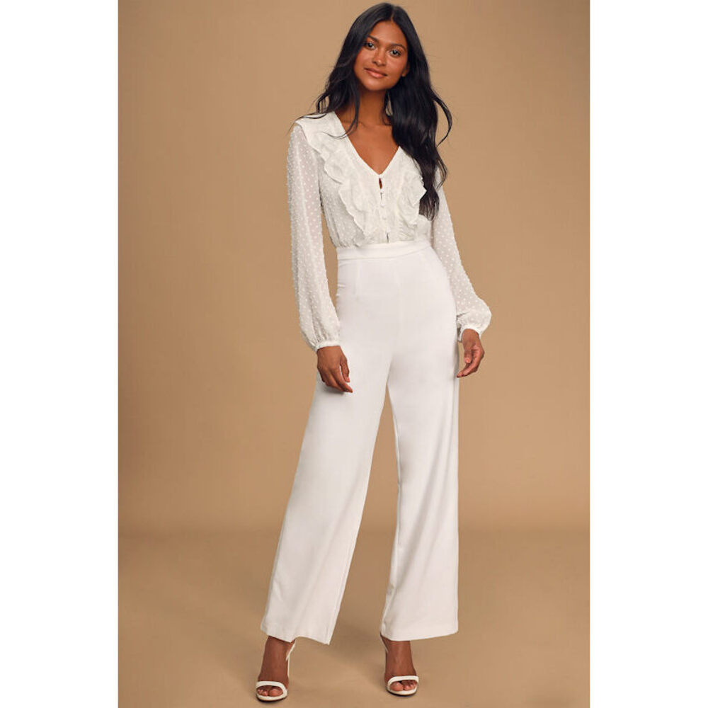 Lulus Clareese White Swiss Dot Ruffled Long Sleeve Jumpsuit - Size M